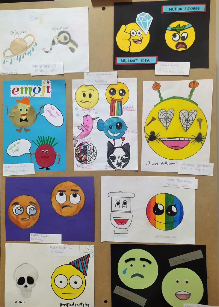 Na zdjęciu umieszczone są odręcznie wykonane kolorowe prace uczniów klas IV-VI przedstawiające własną emotkę. 
