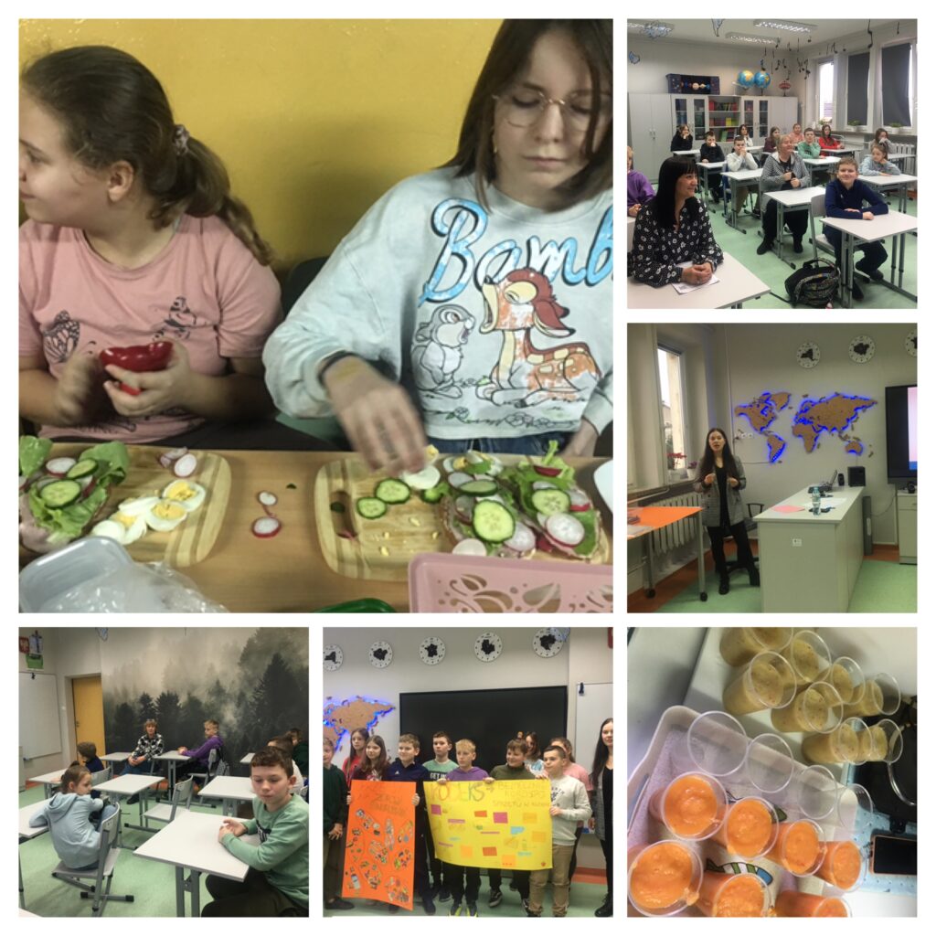 Uczniowie podczas zajęć przygotowujących ich do wykonania drugiego śniadania oraz cześć praktyczna w kuchni- przygotowanie posiłku oraz musu owocowo-warzywnego i owocowego