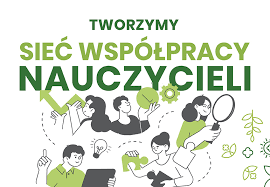 Na białym tle czarny napis siec nauczycieli oraz postacie rysunkowe.