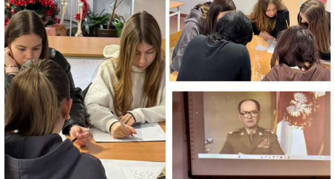 kolaż 3 fotografii przedstawiających kilka uczennic i uczniów wykonujących zadania ułożone na blacie stołu w klasie i stojącą obok nich nauczycielkę. Znajduje się tu tez zdjęcie nagłówka starej gazety.