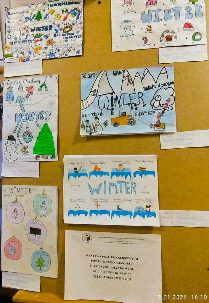 Na zdjęciach umieszczone są odręcznie wykonane kolorowe prace uczniów klas IV-VI szkól podstawowych na temat „MOJA ZIMOWA SKETCHNOTKA”
 