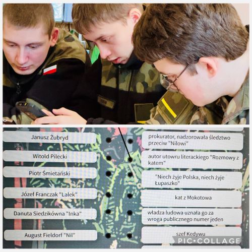 w części górnej troje uczniów pracujących nad zadaniem w grupie, w części dolnej fragment zadania multimedialnego wyświetlanego na projektorze.
 