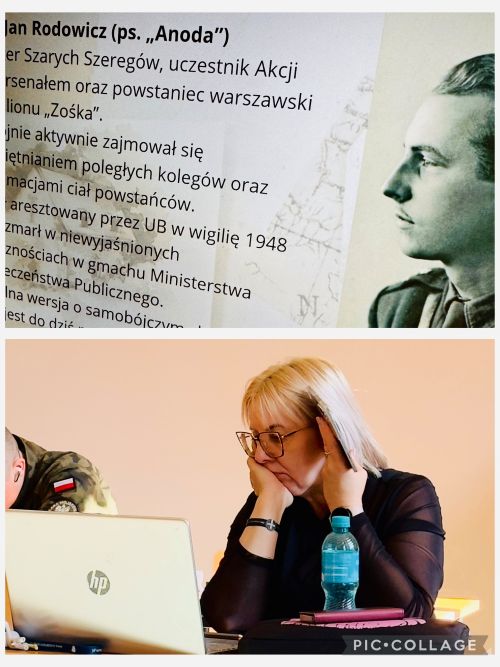 w części górnej fragment slajdu z tekstem historycznym oraz czarno białą fotografią postaci historycznej, w części dolnej nauczycielka pracująca przy komputerze.