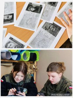 w części górnej kilka tekstów historycznych rozłożonych na ławce szkolnej, w części dolnej dwie uczennice analizujące zadanie