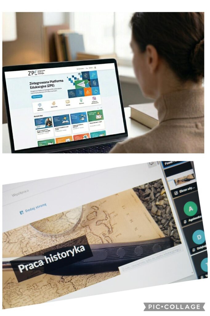 kolaż dwóch zdjęć: w części górnej znajduje się zdjęcie kobiety pracującej przy monitorze laptopa, dolna część kolażu przedstawia zrzut ekranu, na którym znajduje się moduł zadań z platformy ZPE. 