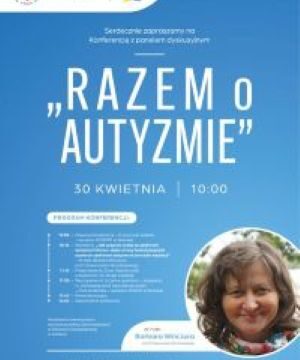 a niebieskim tle informacje na temat konferencji; w prawym dolnym rogu kolorowe zdjęcie kobiety - prelegenta