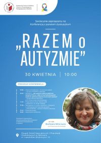 a niebieskim tle informacje na temat konferencji; w prawym dolnym rogu kolorowe zdjęcie kobiety - prelegenta