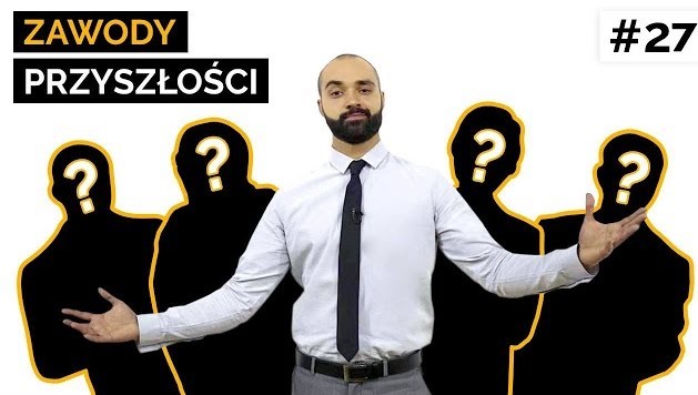 Na środku obrazka stoi mężczyzna z rozłożonymi rękami. Po jego prawej i lewej stronie cienie postaci z wielkimi znakami zapytania. Nad tym napis „Zawody przyszłości”.