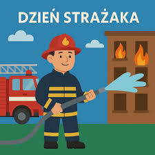 Na środku obrazka stoi mężczyzna w ubraniu strażaka. W ręku trzyma wąż strażacki. Za nim stoi wóz a po prawej stronie budynek, w którego oknach widać płomienie. Na górze na niebieskim tle biały napis ”Dzień Strażaka”.