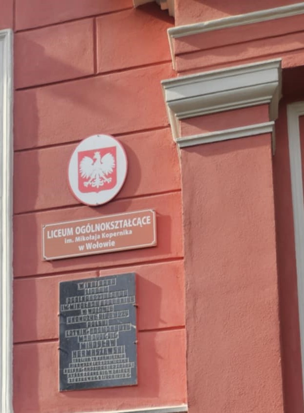 Fragment różowego budynku, z napisem nazwy szkoły i godłem Polski.