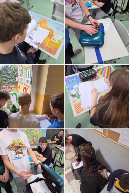 Sala lekcyjna, przy stolikach uczniowie wykonują zadania i aktywnie uczestniczą w zabawie.