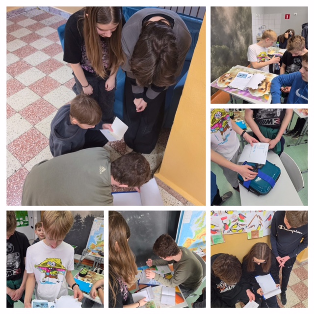 Sala lekcyjna, przy stolikach uczniowie wykonują zadania i aktywnie uczestniczą w zabawie. 